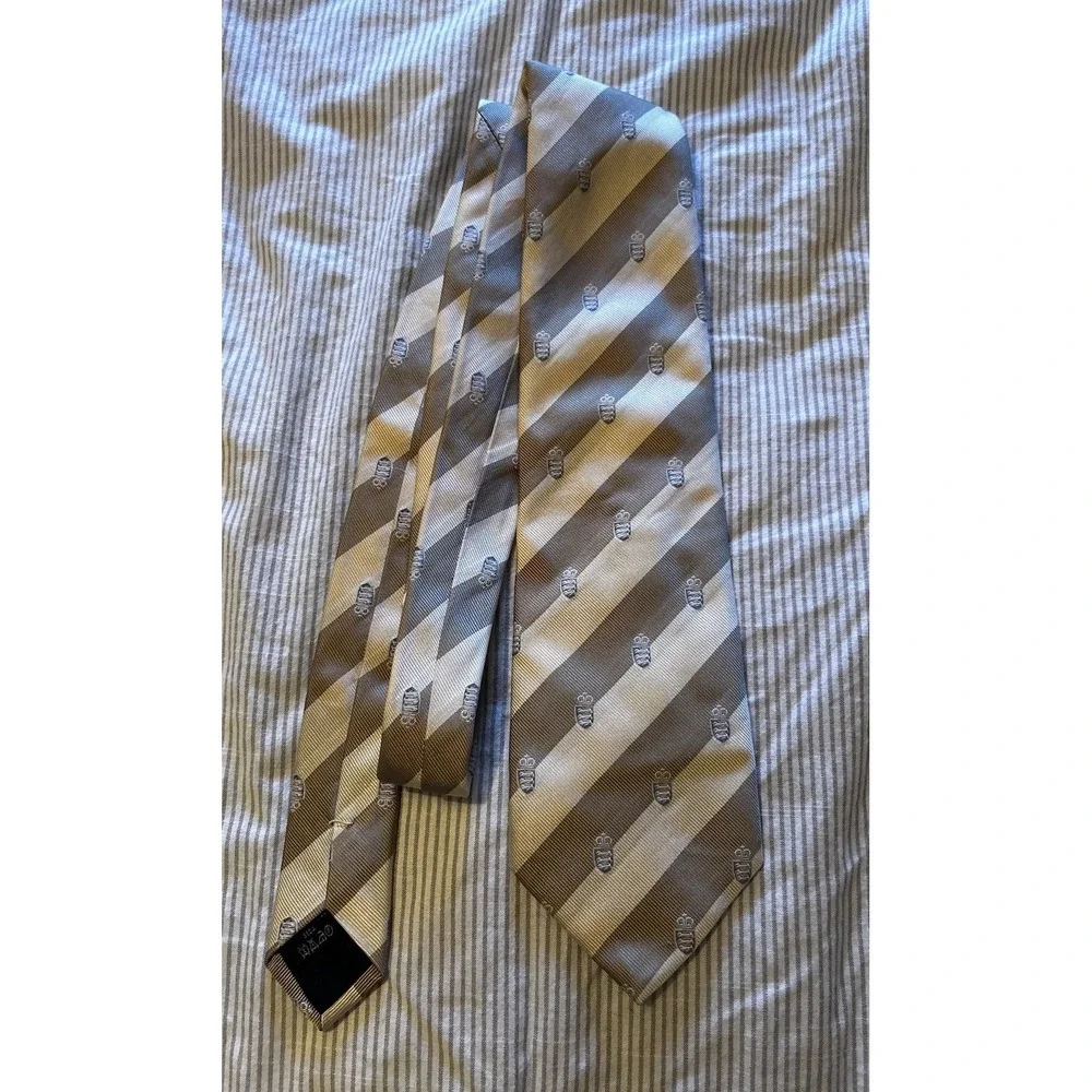 Burberry‎ London Silk Tie Woven In England Striped Crest Beige Work Dress